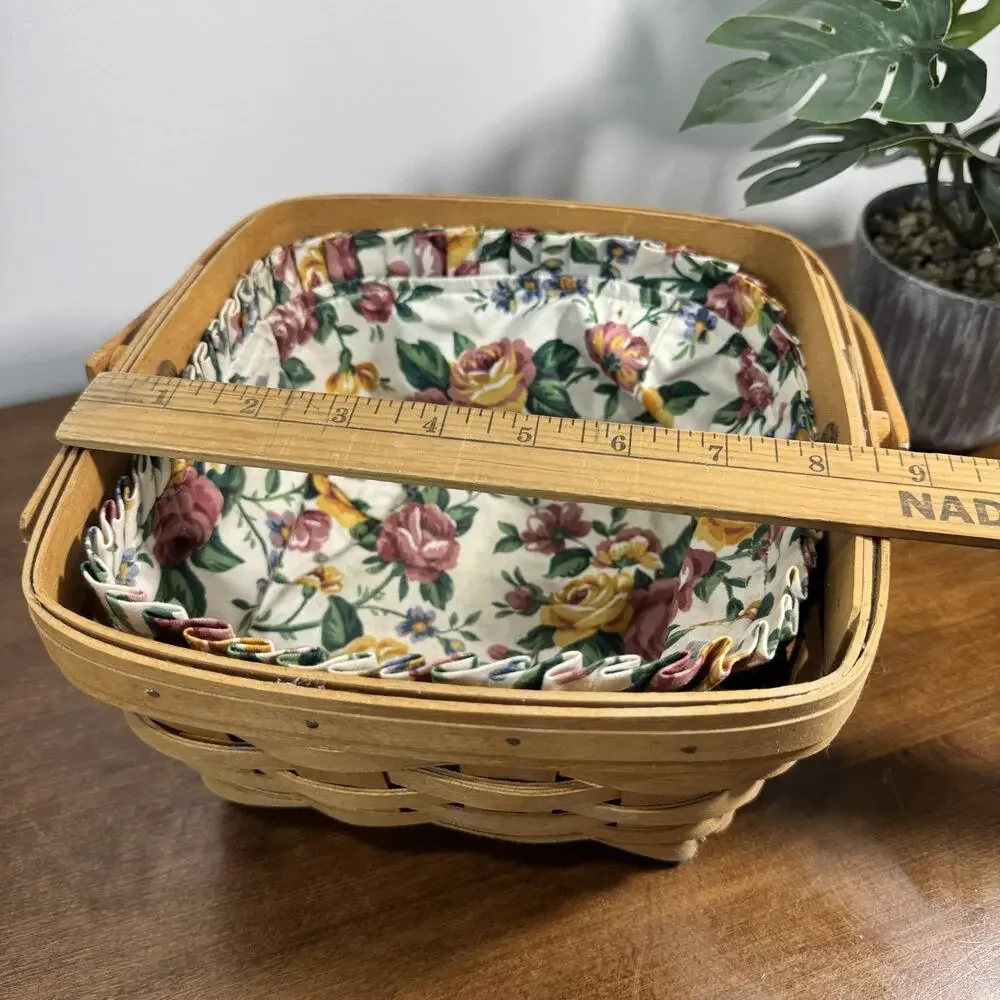 Longaberger Handwoven Wood Basket with Floral Liner Swing Handle Dresden Ohio